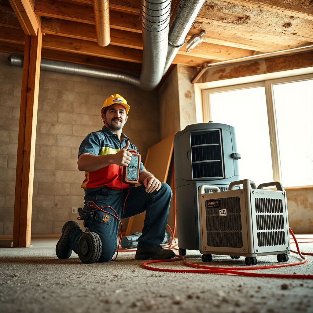 A Coastal Pro Mold Removal technician, wearing a respirator and protective gear, carefully inspecting a crawl space for mold in a Mullin home.