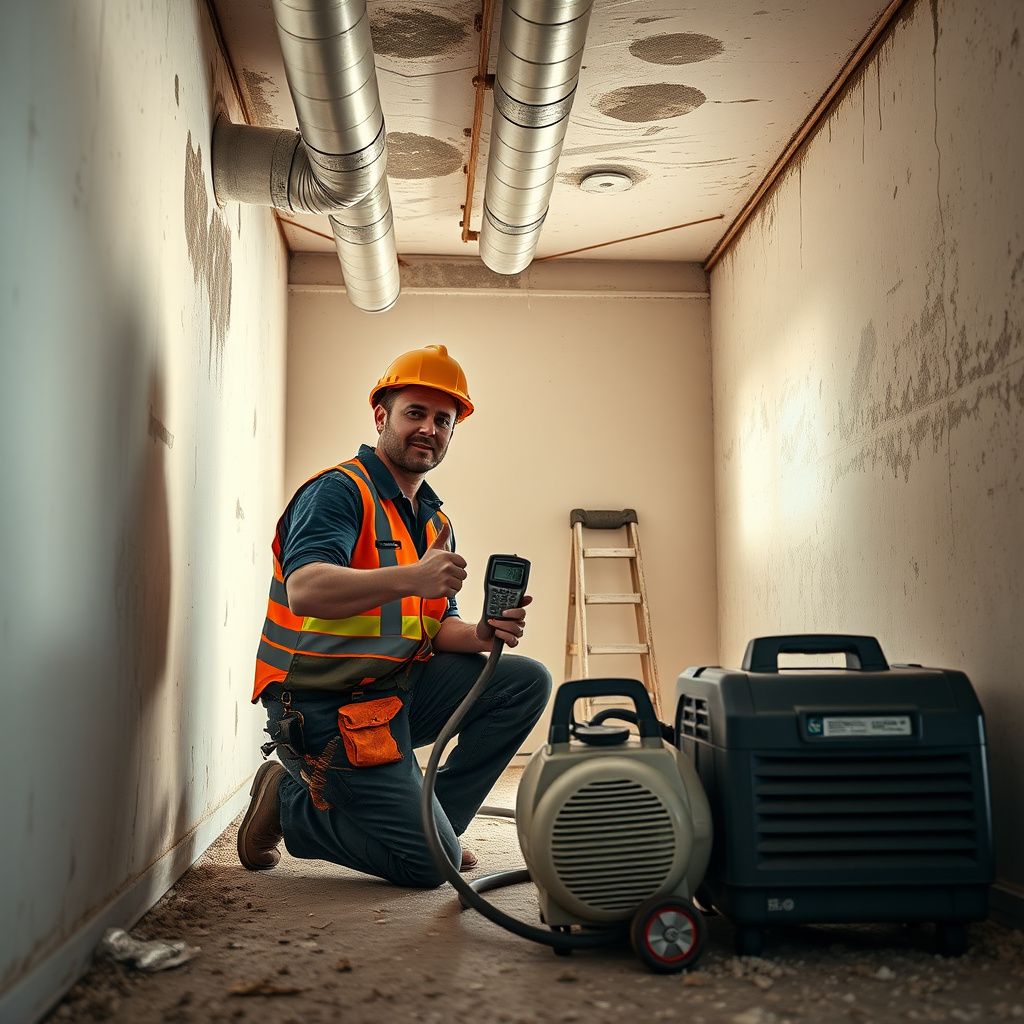 A Coastal Pro Mold Removal technician in full PPE conducting a thorough mold inspection in a Priddy, Texas attic space, using specialized equipment.