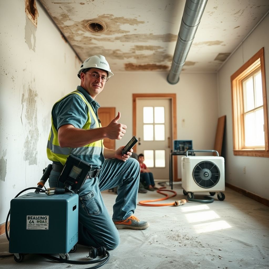 IICRC-certified mold remediation technician in full PPE conducting an inspection in a Brownwood residential basement.