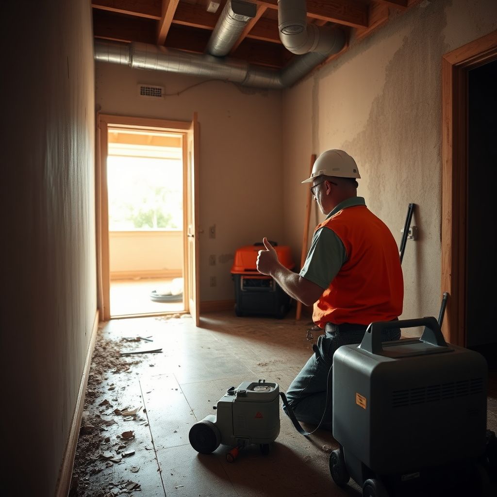 Coastal Pro Mold Removal technician in full PPE, carefully removing mold-affected drywall in a Zephyr home.